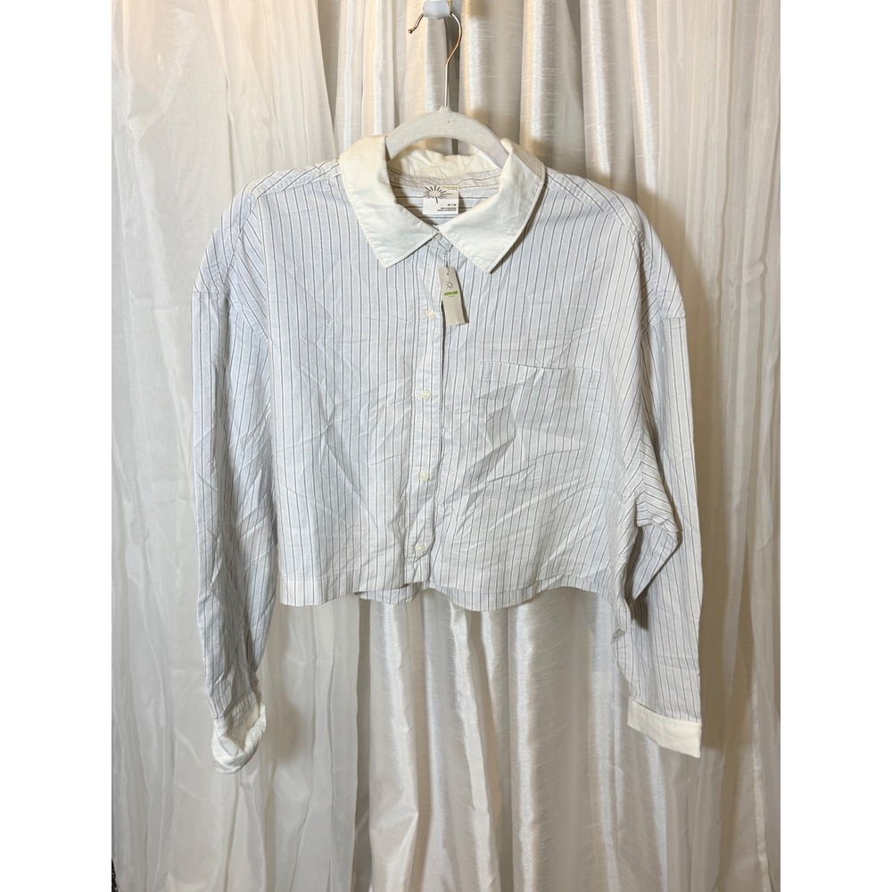 OFFLINE Aerie Button Down Shirt Womens M Blue White Striped Cropped Long Sleeve
